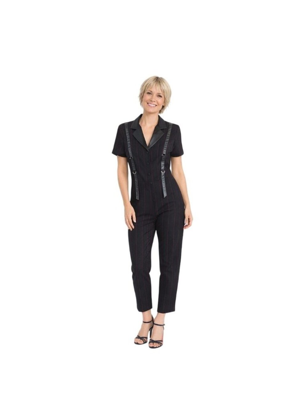 New Dangerfield Navy & Red Striped Jumpsuit 8 Faux Leather Accents Button Front